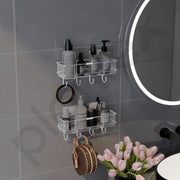 Plantex Stainless Steel Bathroom Organiser Without Drill/Multipurpose Shelf with Hooks/Drill Free Shampoo Holder for Bathroom - Wall Mount - Pack of 2 (Chrome)