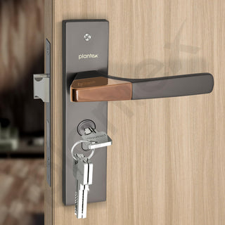 Plantex Heavy-Duty Door Lock Set - Main Door Handle Set/ 6-Lever Lock Mechanism with 3 Years of Warranty by Plantex/Mortise, Brass Lock Body & Cylinder (8114 - Satin Black & PVD Choco)
