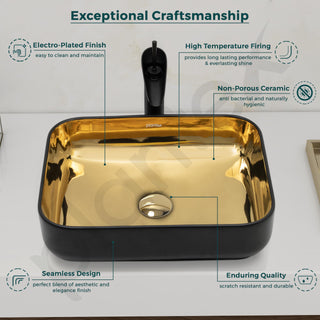 Plantex Designer Wash Basin for Bathroom/Table Top Hand Wash Sink/Counter Top Basin for Home/Ofice (19.5x15.5x5.5 Inch - Black & Golden)