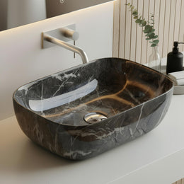 Plantex Ceramic Wash Basin for Bathroom/Hand Wash Sink/Black Countertop Basin/Tabletop Washbasin for Living Room (18x12.5x5.5 Inch -Matt Black - Marble Finish)