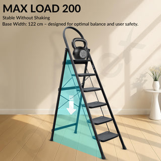 Plantex Hercules Pro 6-Step Foldable Ladder for Home with 200 kg Load Capacity/Heavy-Duty GI Steel Ladder/Anti-Slip Wide Step/Strong, Stable & Multi-Purpose (Black)