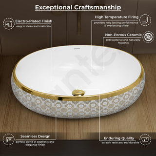 Plantex Tabletop Wash Basin for Bathroom/Designer Ceramic Basin/Oval Vessel Sink Basin for Home/Hotel - (16018, White & Gold)