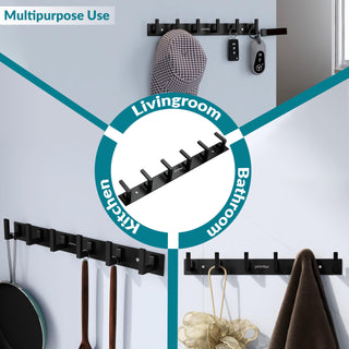 Plantex Aluminum Hook Rail with L-Shape Hooks for Walls of Bathroom/Kitchen–Hook Rail Bar for Clothes/Towel/Keys-Pack of 2 (6 Hooks, Black)