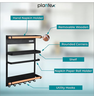 Plantex GI Steel Multi-Purpose Magnetic Shelf for Home/Fridge Organizer Spice Rack with Paper-Towel Holder/Kitchen Rack for Refrigerator (Big-Black)