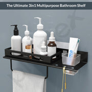 Plantex No Drill Bathroom Organizer/3in1 Stainless Steel Shelf for Wall with Foldable Napkin Holder and Tumbler Holder/Self Adhesive Bathroom Shelf -(Black-15 Inch)