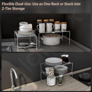 Plantex Stainless Steel 2- Tier Shelf Organizer for Kitchen Storage/Foldable and Detachable kitchen shelf organiser/Rack Organiser for Storage