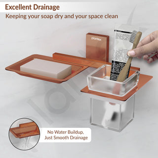 Plantex Soap Dish with Glass Toothbrush Holder for Bathroom/304 Grade Stainless Steel Soap Holder with Tumbler Holder/Soap Stand/Toothpaste Holder - Crystal (PVD Rose Gold)