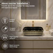 Plantex Designer Ceramic Basin/Table Top Wash Basin for Bathroom/Countertop Vessel Sink Basin for Home/Office/Restaurant (Black Art, 20 x 15 x 6 Inch )