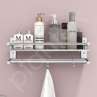Plantex Premium Stainless Steel Bathroom Shelf/Multipurpose Rack with Towel Hooks & Hanger/Rod/Bathroom Organiser with Drill/Bathroom Stand-(2-Tier,Chrome)