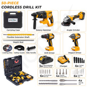 Plantex 4-in-1 Cordless Power Tool Kit 21V/Brushless Drill, Impact Wrench, Rotary Hammer & Angle Grinder/3 Batteries & Case – Yellow (APS-ML004)