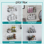 Plantex Bathroom Organiser Without Drill/Shelf for Wall Adhesive Black/GI Steel Shelf for Bathroom with Side Hooks/Washroom Accessories Set - Powder Coated (Pack of 2)