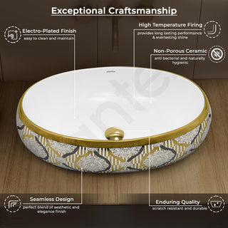 Plantex Tabletop Wash Basin for Bathroom/Designer Ceramic Basin/Vessel Sink Basin for Home/Office/Hotel (22 x 14.5 x 6 Inch - White & Gold)