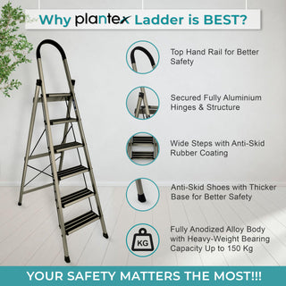 Plantex 6 Step Ladder for Home/Aluminium Foldable Ladder/Wide Anti Skid Steps/Strong Wide Steps Ladder (Anodize Coated-Gold)