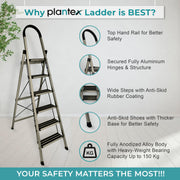 Plantex 6 Step Ladder for Home/Aluminium Foldable Ladder/Wide Anti Skid Steps/Strong Wide Steps Ladder (Anodize Coated-Gold)