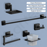 Plantex 304 Grade Stainless Steel Bathroom Accessories Set of 5 - Towel Rod/Hand Napkin Hanger for Wash Basin/Soap Case/Toothbrush Holder/Robe Hook - Squaro (Black)