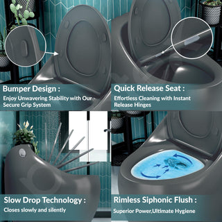 Plantex Imported Ceramic Western Toilet/Rimless Commode for Toilet/Siphonic Vacuum Jet Flush One Piece Commode With Soft Close Toilet Seat - S Trap Outlet (Glossy Grey)