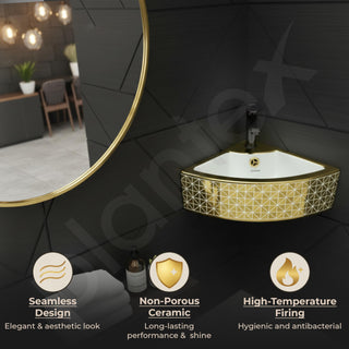 Plantex Ceramic Corner Basin/Wall Mount Washbasin for Bathroom/Small Corner Vessel Sink/Tabletop Wash Basin (Golden Cornia, 18 x 13 x 5 Inch)