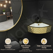 Plantex Ceramic Corner Basin/Wall Mount Washbasin for Bathroom/Small Corner Vessel Sink/Tabletop Wash Basin (Golden Cornia, 18 x 13 x 5 Inch)