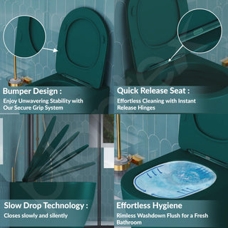 Plantex Imported Ceramic Wall Hung Commode for Toilet/Rimless Washdown Flush Western Commode with Soft Closing Toilet Seat - P Trap (Round - Matt Green)