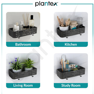 Plantex Bathroom Organizer Without Drill/Aluminium Wall Mounted Rack for Kitchen with Removable Hook/Self Adhesive Shelf for Bathroom- Pack of 1 (12 x 5 Inch - Matt Grey)