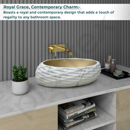 Plantex Table Top Wash Basin For Bathroom/Designer Ceramic Basin/Countertop Vessel Sink Basin - Indo-European Collection (White & Gold - 24 x 16 x 7 Inch)