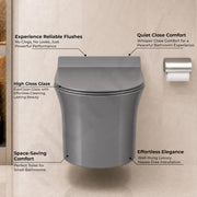 Plantex Platinum Ceramic Rimless Wall Hung Western Commode/Rimless Washdown Flushing System/P Trap Commode for Bathroom with Soft Close Toilet Seat (Smoke)
