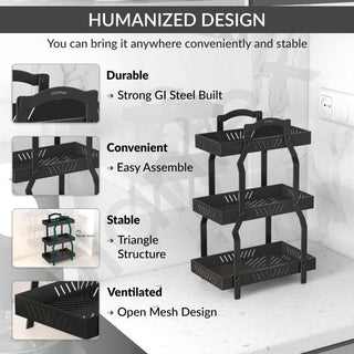 Plantex GI-Steel 3 Tier Shelf/Multipurpose Rack/Storage Rack for Kitchen/Fruit & Vegetable Basket for Kitchen - Pack of 1, (Black)