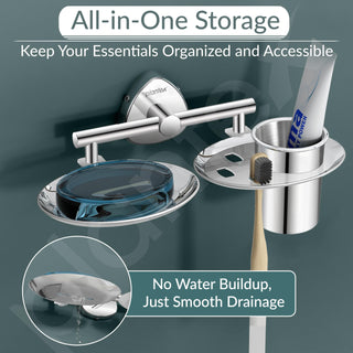Plantex J4 Stainless Steel Soap Dish with Tumbler Holder/Soap and Brush Holder for Bathrooom/2 in 1 Soap Holder with Toothbrush Holder/Bathroom Accessories (Chrome Finish) Angel
