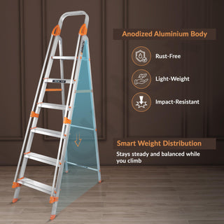 Plantex Secura 6 Step Aluminium Ladder for Home/Foldable Ladder with Safe Hand Rails/5 Year Manufacturer Warranty(Orange-Silver)