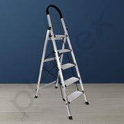 Plantex Surestep 5 Step Aluminum Ladder for Home Use/Wide Anti Skid Step Foldable Ladder with Knee Guard, PVC Shoes and Cross Bars (Anodize-Silver)