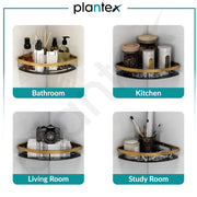 Plantex Corner Shelf for Bathroom Wall Mount/Aluminium Kitchen Corner Stand for Wall with Golden Railing & Magic Stickers/Bathroom Accessories Self Adhesive (9x9 inches, Gold & Black) - Pack of 2