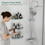 Plantex Bathroom Accessories - Wall Mounted Bathroom Shelf/Glass Shelves for Kitchen/Living Room with Black Brass Railings (Frosted - 12x6 Inches - Pack of 3)