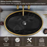 Plantex Black Wash Basin for Bathroom/Table Top Ceramic Basin/Oval Hand Wash Sink for Home/Hotel (23.5x16x6 Inch - Black&Gold)