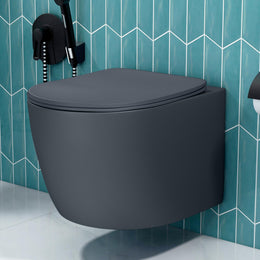 Plantex Imported Ceramic Wall Hung Commode/Rimless Washdown Flush Western Toilet/Commode with Soft Closing Toilet Seat - P Trap (Round - Matt Grey)