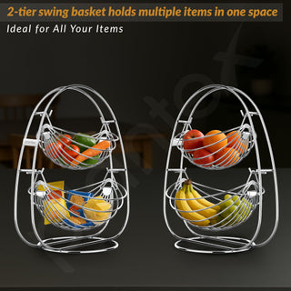 Plantex 2-Tier Swing Fruit Basket for Dining Table/Stainless Steel Fruit Storage Basket for Kitchen/Vegetable Stand(Nickel Chrome Finish)