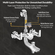 Plantex Pure Brass Wall Mixer for Bathroom 3 in 1 with L-Bend Provision for Overhead and Hand Shower/Mixer Tap for Bathroom with Water Saving Nozzle and Brass Wall Flange (Bal-519-Chrome)