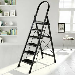 Plantex Steel Ladder for Home/Strong Foldable Wide 6 Step Ladder/Anti-Skid 6 Step Ladder - (Apex - Black)