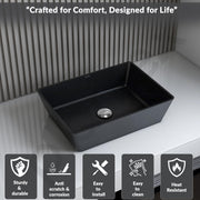 Plantex Table Top Basin for Bathroom/Quartz Rectangle Basin/Vessel Sink Basin Over Counter for Home/Restaurant (Black, 18 x 13 x  5 Inch)