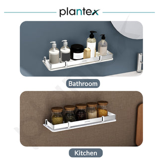 Plantex Wall Shelf for Bathroom Storage/Acrylic Washroom Shelf Organizer with Stainless Steel Railings/Bathroom Accessories (White, 15x6 inches)