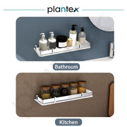 Plantex Wall Shelf for Bathroom Storage/Acrylic Washroom Shelf Organizer with Stainless Steel Railings/Bathroom Accessories (White, 15x6 inches)