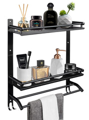 Plantex Stainless Steel Bathroom Shelf/Bathroom Organiser with Drill/Wall Mounted Rack with Hooks and Towel Hanger/Bathroom Accessories Set (3-Tier, Matt Black)