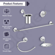 Plantex 304 Grade Stainless Steel Bathroom Accessories Set of 5 - Towel Rod/Hand Napkin Hanger for Wash Basin/Soap Case/Toothbrush Holder/Robe Hook - Daizy (Chrome)