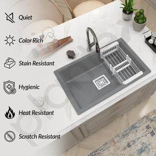 Plantex Kitchen Sink/Quartz Single Bowl Kichen Sink with Hose Pipe and Square Coupling/Under Mount Kitchen Sink - (Grey, 24 x 18 inch)