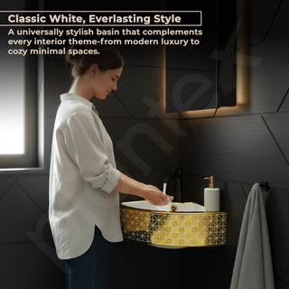 Plantex Ceramic Corner Basin/Wall Mount Washbasin for Bathroom/Small Corner Vessel Sink/Tabletop Wash Basin (Golden Cornia, 18 x 13 x 5 Inch)