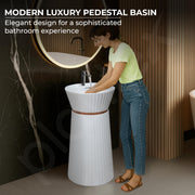 Plantex Pedestal Basin for Bathroom/Acrylic Resin & Quartz Designer One Piece Pedestal Free Standing Round Wash Basin for living Room/Hotel (White)