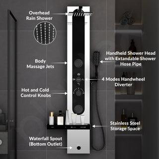 Plantex Shower Panel for Bathroom/304 Grade Stainless Steel Modern Shower System with Head Shower/Hand Shower & Massage Spray Jet for Bathroom - Pack of 1 (Chrome and Black, KM-8097)