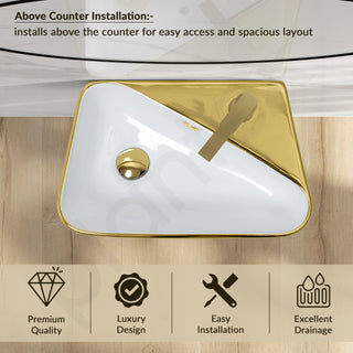 Plantex Ceramic Designer Washbasin for Bathroom/Wall Hung Wash Basin/Rectangle Basin for Home/Office/Hotel (17.5x10.5x5 Inch - White & Gold)