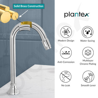 Plantex Pure Brass Mouth Flow Swan Neck Pillar Cock Water Tap with Teflon Tape/Tabletop Basin Tap with 7 Year Warranty (MAG-1204-Chrome)