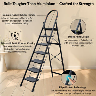 Plantex Hercules Pro 7-Step Foldable Ladder for Home with 200 kg Load Capacity/Heavy-Duty GI Steel Ladder/Anti-Slip Wide Step/Strong, Stable & Multi-Purpose (Black)