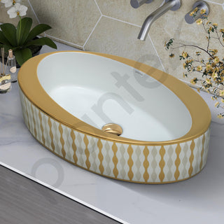 Plantex Ceramic Washbasin/Designer Basin for Bathroom/Oval Tabletop Basin/Countertop Vessel Sink for Home/Office/Restaurant (Gold & White - 24 x 14 x 10 Inch)